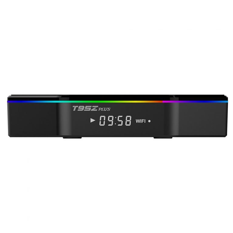 Stream Hub Android TV Box T95Z Plus with front digital clock, ambient LED lighting, dual-band Wi-Fi, Bluetooth, and 6K Ultra HD support.