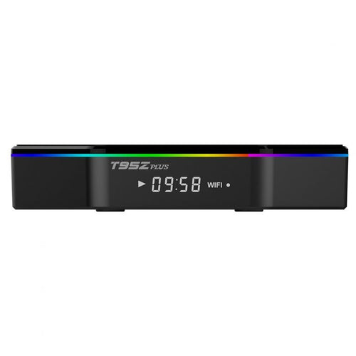 Stream Hub Android TV Box T95Z Plus with front digital clock, ambient LED lighting, dual-band Wi-Fi, Bluetooth, and 6K Ultra HD support.